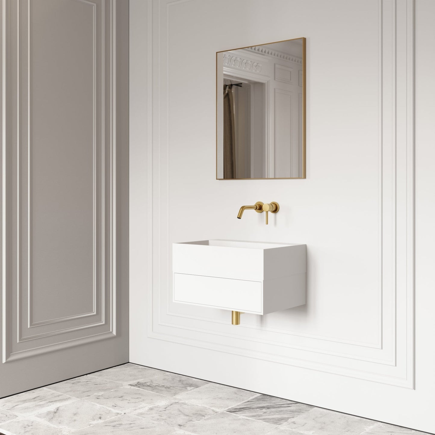 Thinn Matte White Vanity Unit with Stone Basin 600mm