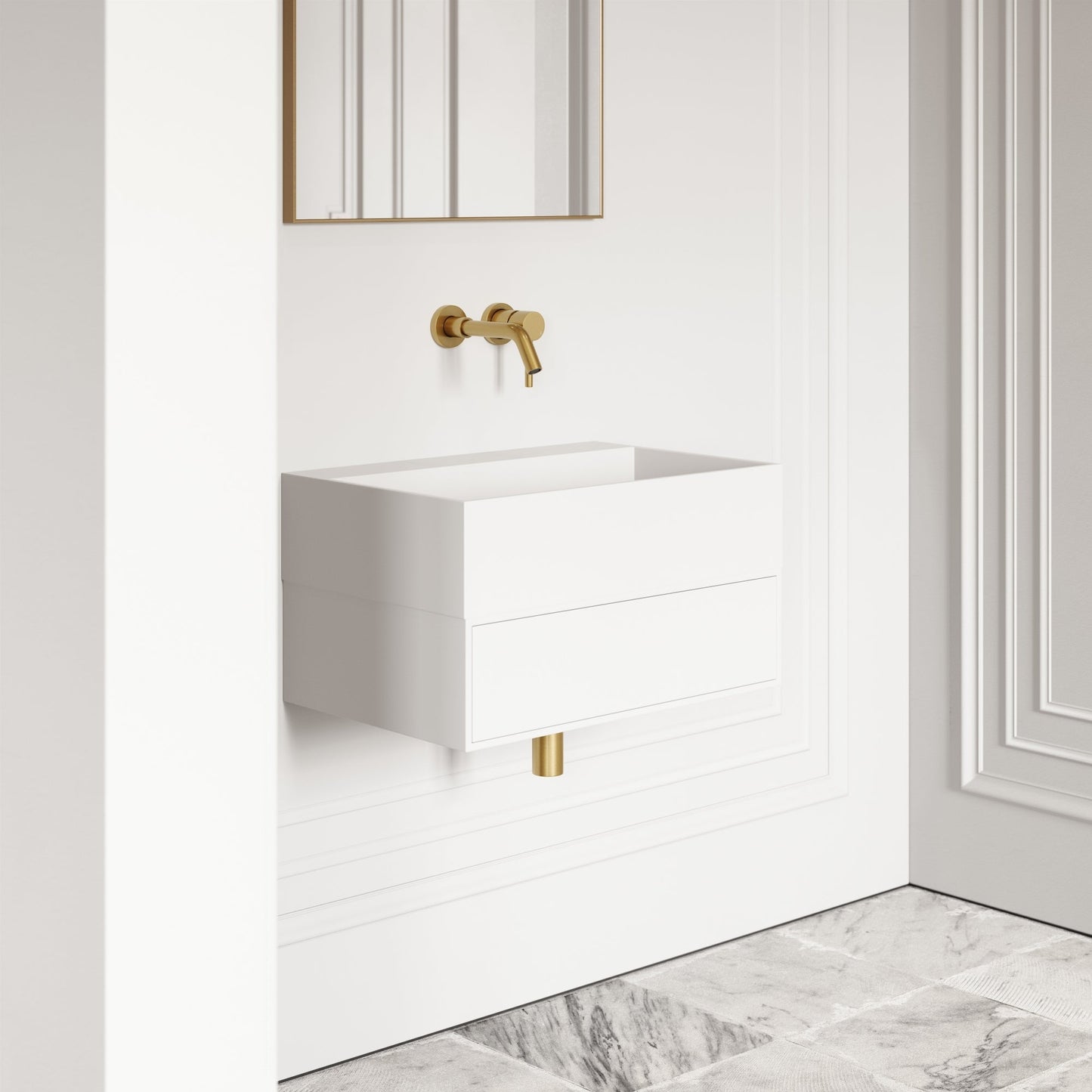 Thinn Matte White Vanity Unit with Stone Basin 600mm