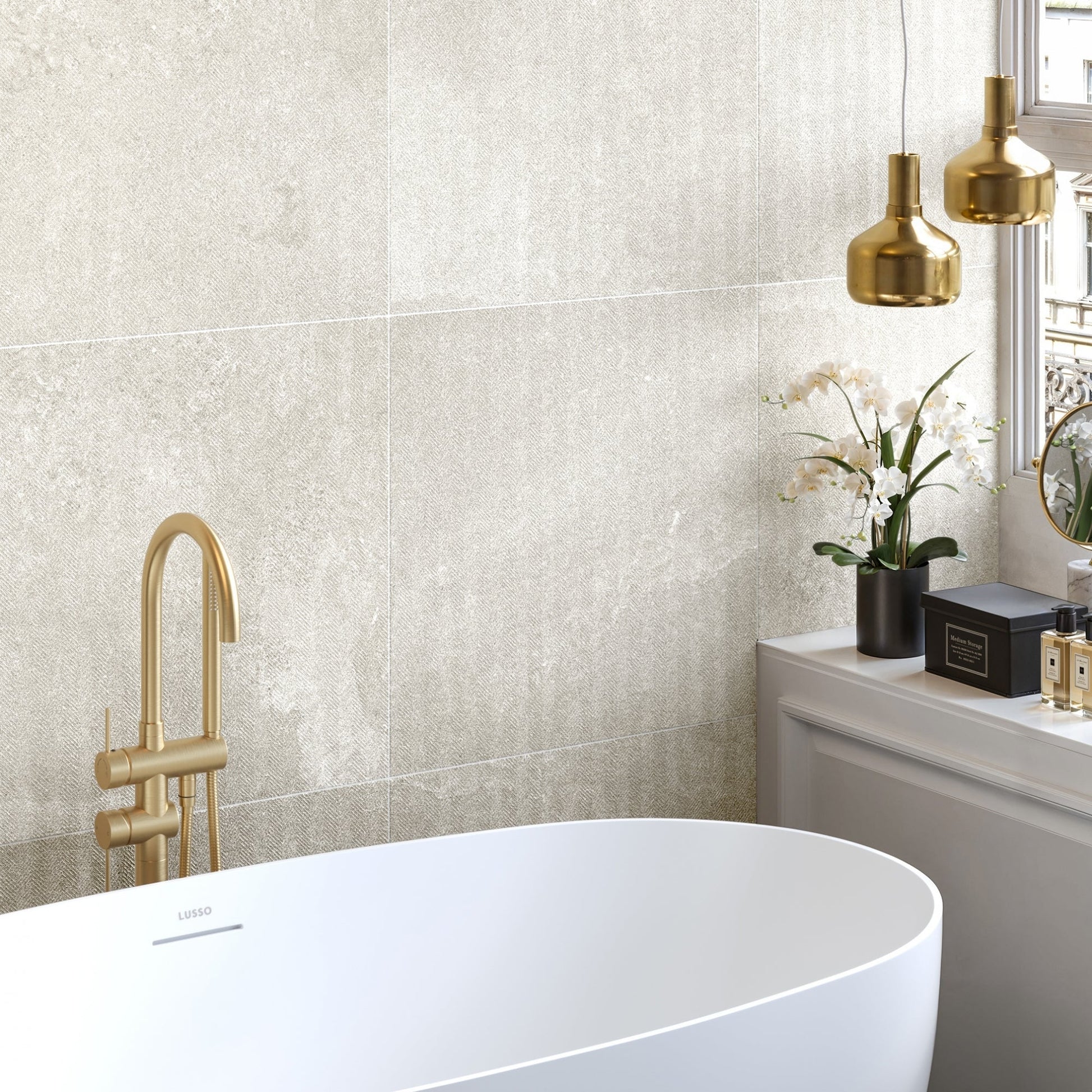 Torino Crema True Limestone Chevron Porcelain Wall or Floor Tile 600 x 600mm