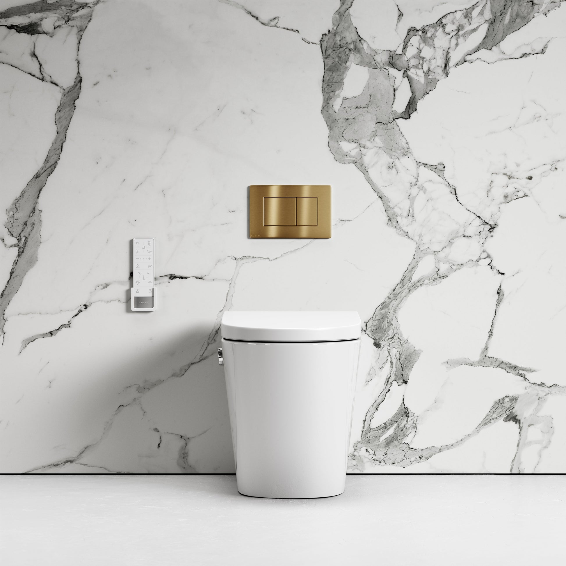 Intellismart Back To Wall Rimless Bidet Toilet with Concealed Cistern and Brushed Gold Flush Plate