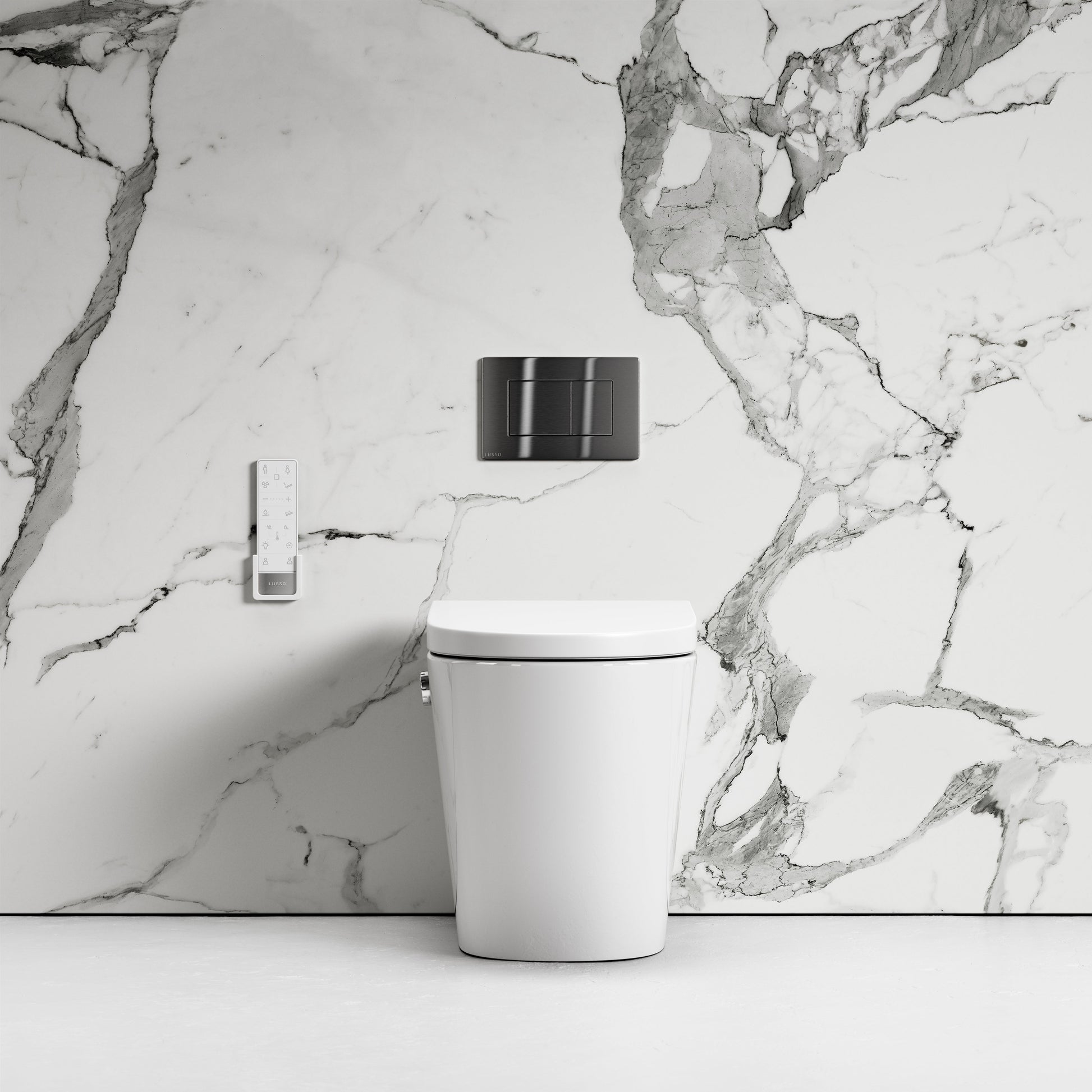 Intellismart Back To Wall Rimless Bidet Toilet with Concealed Cistern and Gunmetal Flush Plate