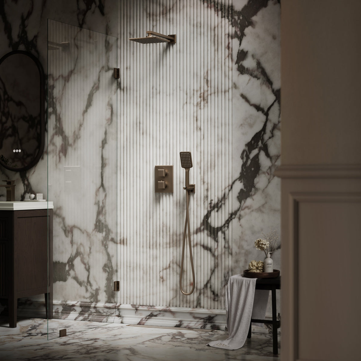 Baroque Brushed Bronze Thermostatic Shower with Handheld Shower