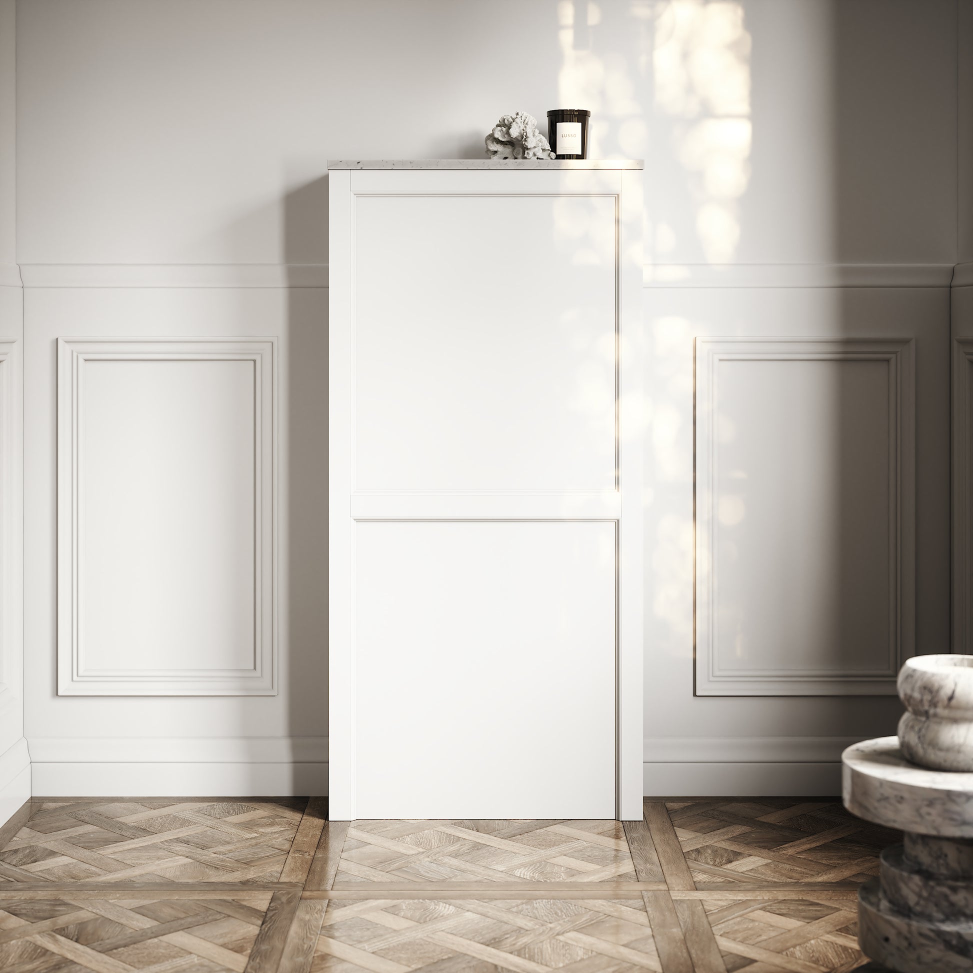 Berkeley Traditional Back to Wall Rimless Toilet with Concealed Cistern, Matte White Claridge Housing and Aged Bronze Flush Plate
