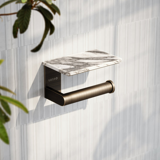 Deka Brushed Bronze Toilet Roll Holder with Shelf