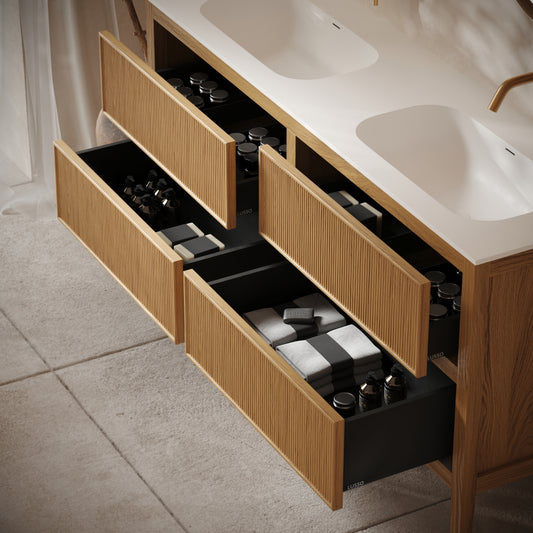 Hampton Natural Oak Floorstanding Double Vanity Unit with Matte White Basin 1600mm