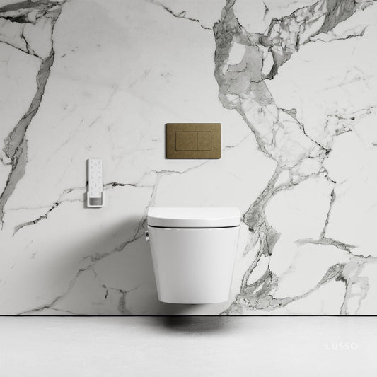 Intellismart Wall Hung Rimless Bidet Toilet with Concealed Cistern Frame and Aged Bronze Flush Plate