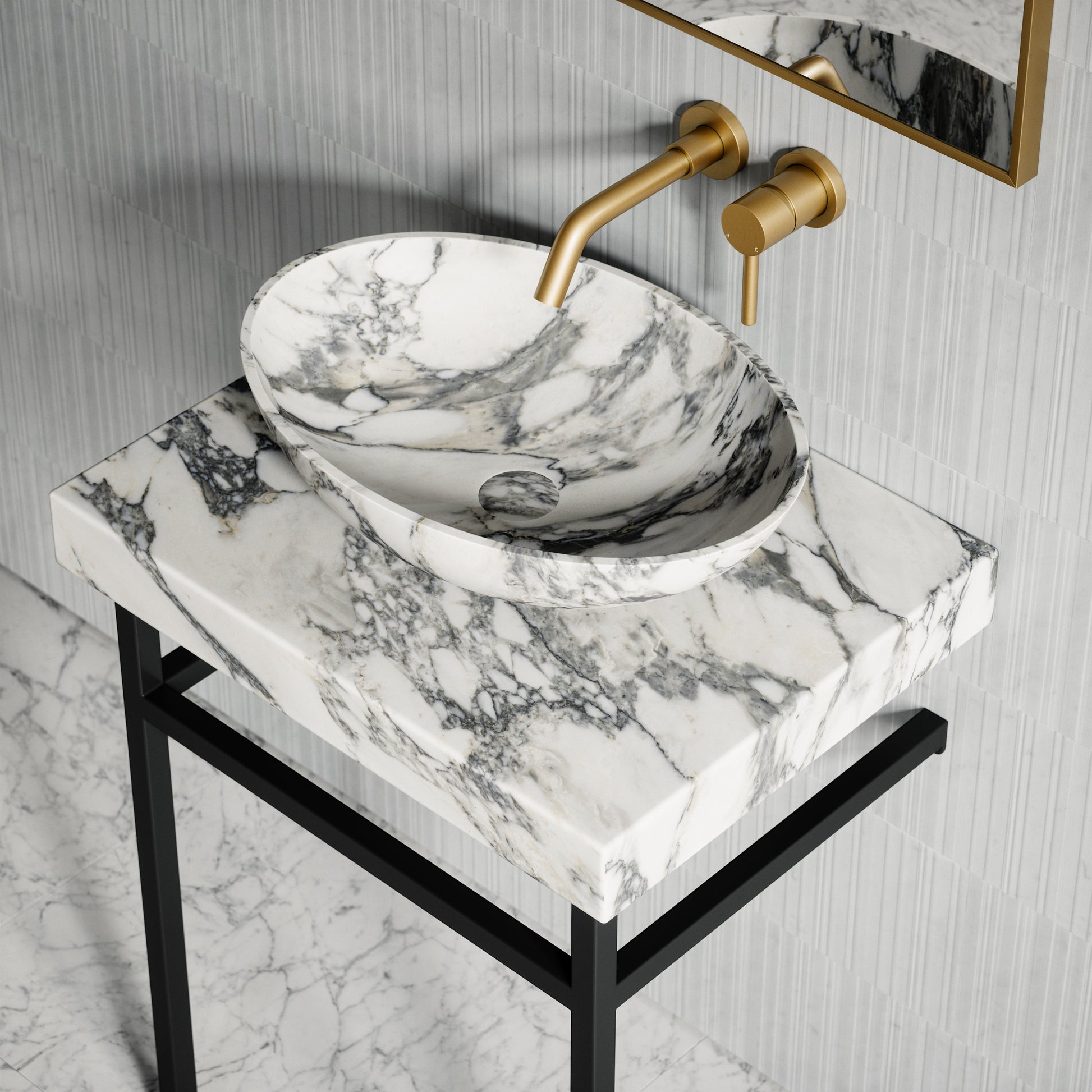 Lomazzo Arabescato Marble Countertop Matte Black Vanity Unit 600mm