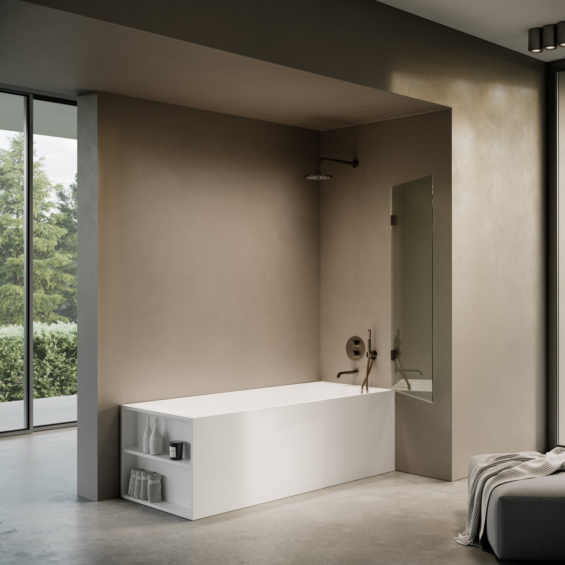 Cabina Brushed Bronze Frameless Hinged Bath Shower Screen 800mm
