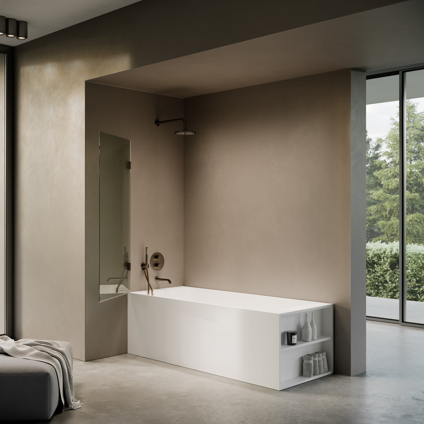 Cabina Brushed Bronze Frameless Hinged Bath Shower Screen 800mm