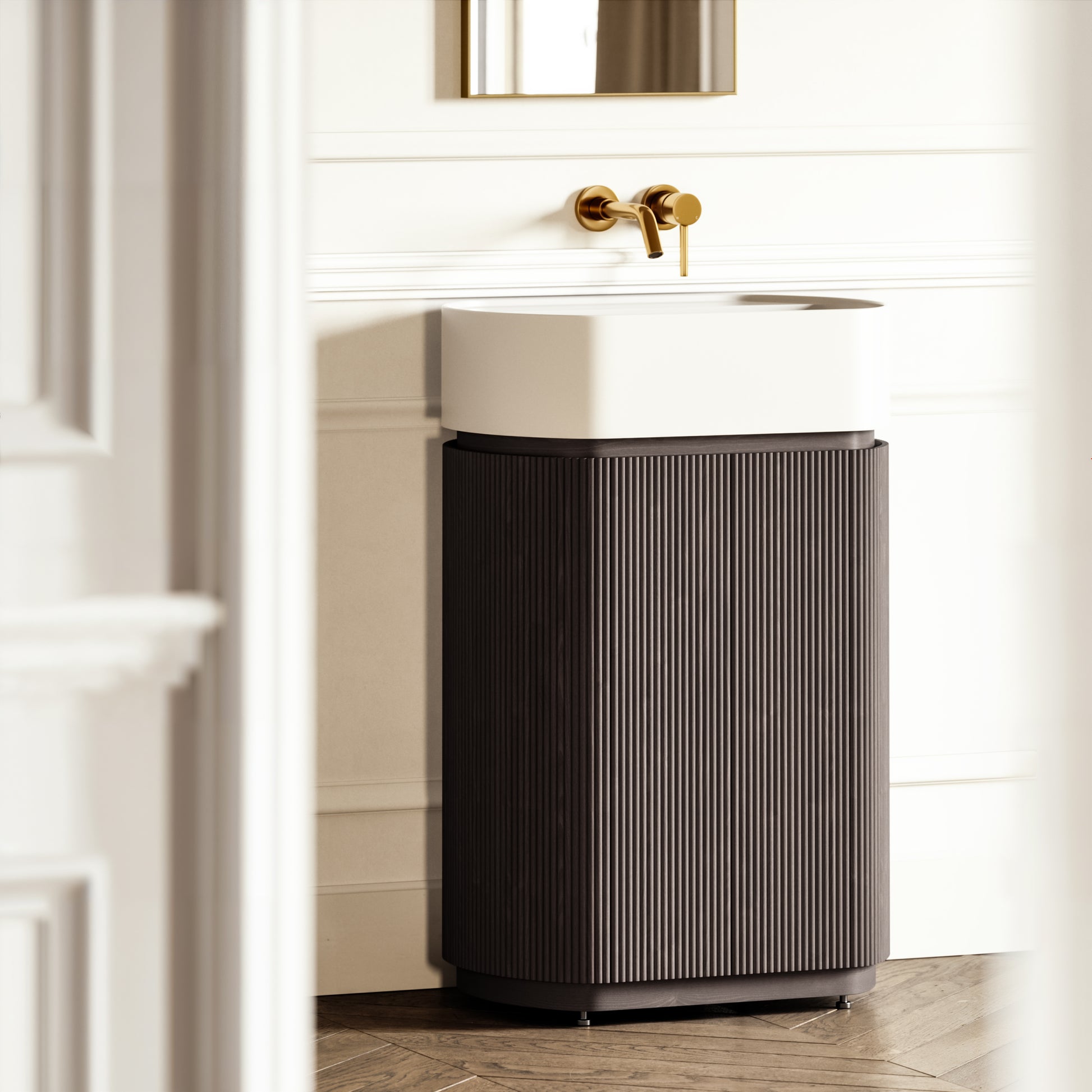 Chic Grey Oak Wood Grain Cylinder Vanity Unit 600mm
