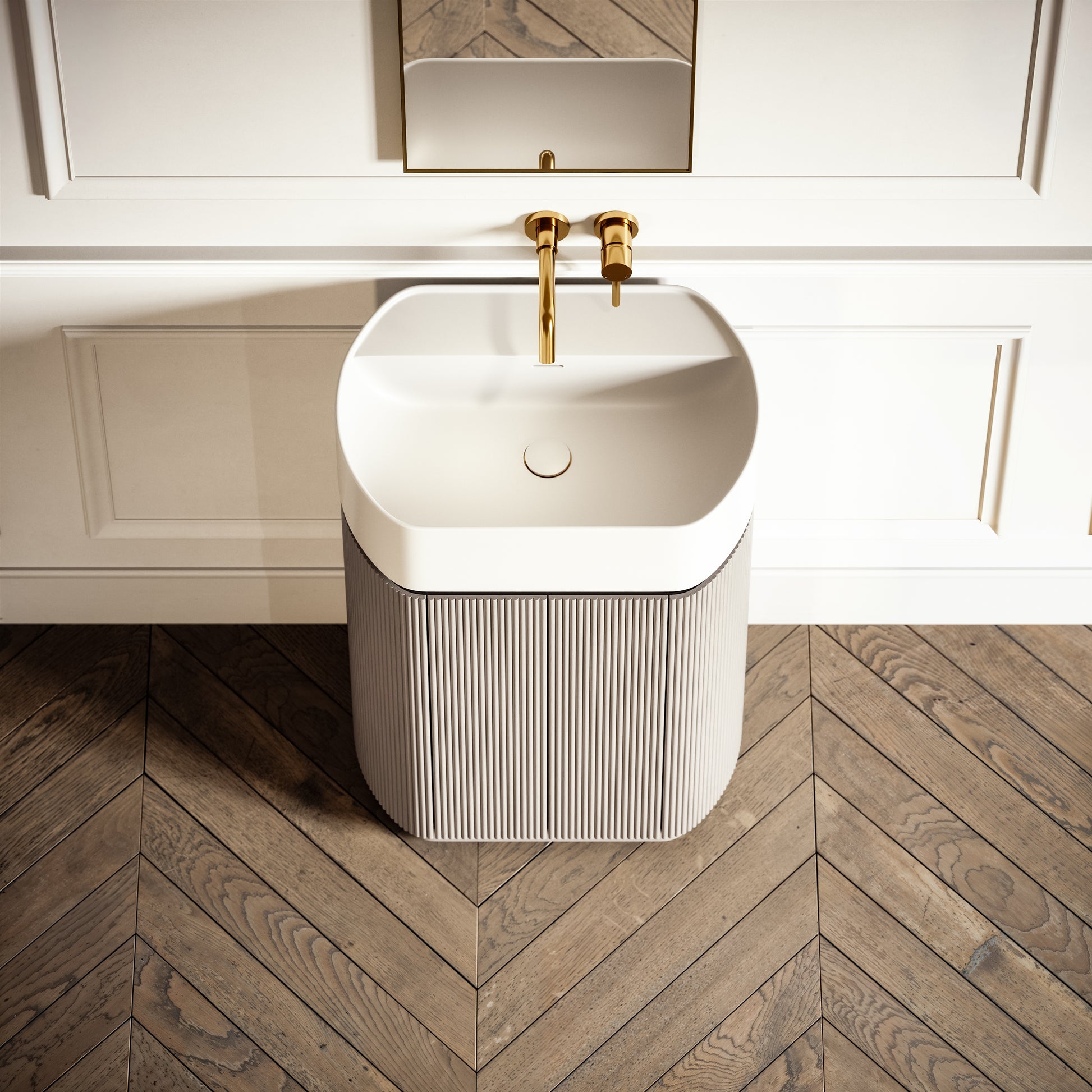Chic Velvet Beige Wood Grain Cylinder Vanity Unit 600mm