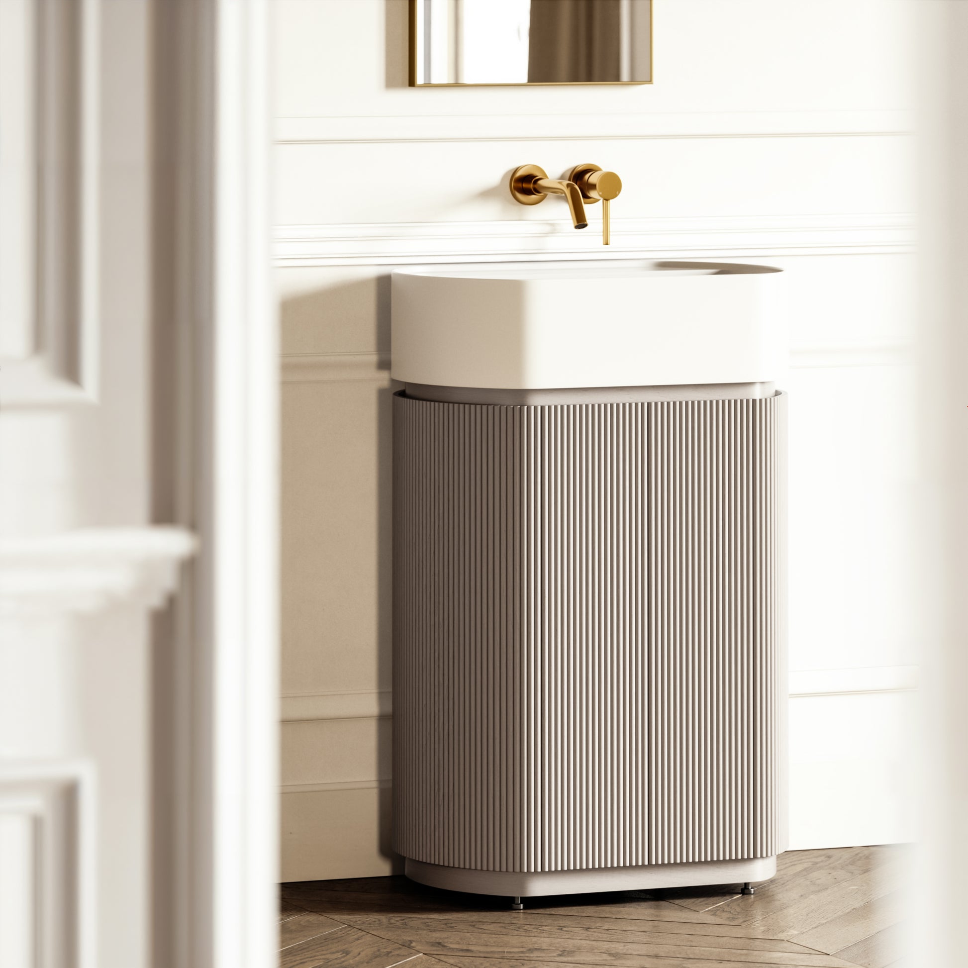 Chic Velvet Beige Wood Grain Cylinder Vanity Unit 600mm