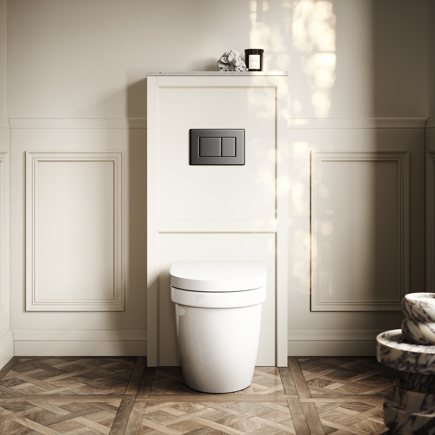 Berkeley Traditional Back to Wall Rimless Toilet with Concealed Cistern, Matte Cream Claridge Housing and Gunmetal Flush Plate