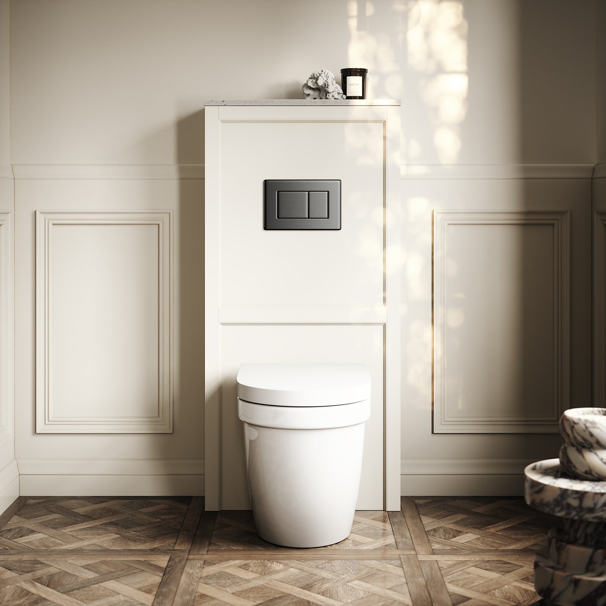Berkeley Traditional Back to Wall Rimless Toilet with Concealed Cistern, Matte Cream Claridge Housing and Gunmetal Flush Plate