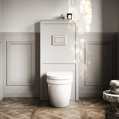 Berkeley Traditional Back to Wall Rimless Toilet with Concealed Cistern, Matte Stone Claridge Housing and Polished Nickel Flush Plate