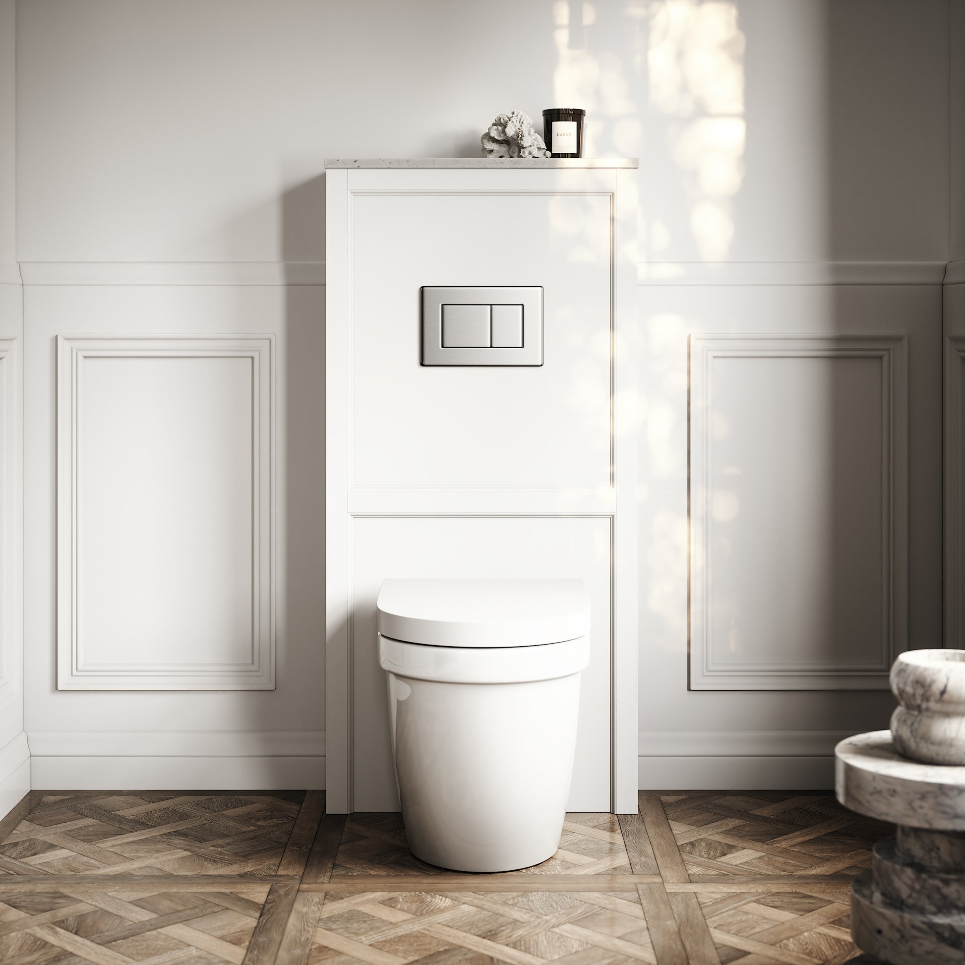 Berkeley Traditional Back to Wall Rimless Toilet with Concealed Cistern, Matte White Claridge Housing and Brushed Stainless Flush Plate