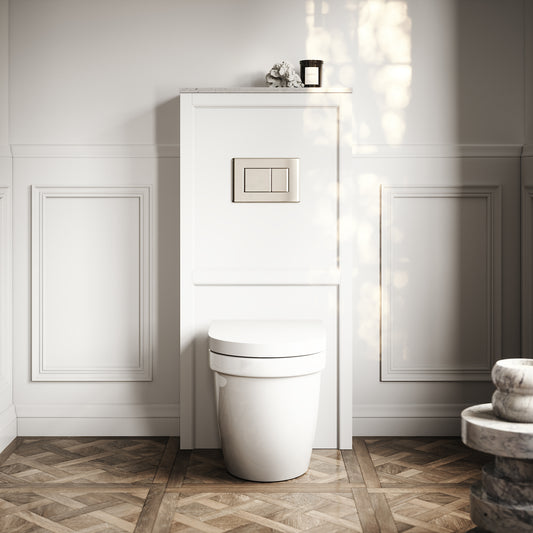 Berkeley Traditional Back to Wall Rimless Toilet with Concealed Cistern, Matte White Claridge Housing and Polished Nickel Flush Plate