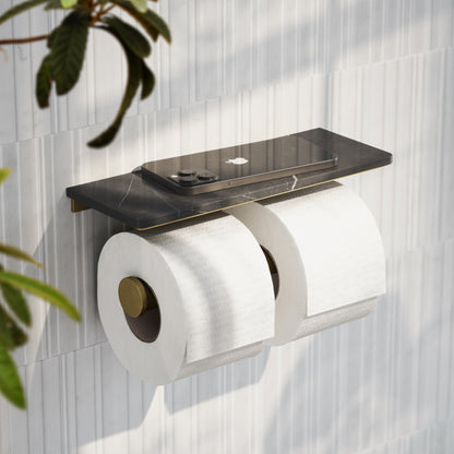 Deka Brushed Gold Double Toilet Roll Holder with Pietra Grey Marble Shelf