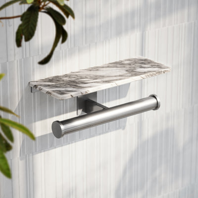 Deka Brushed Stainless Double Toilet Roll Holder with Arabescato Marble Shelf