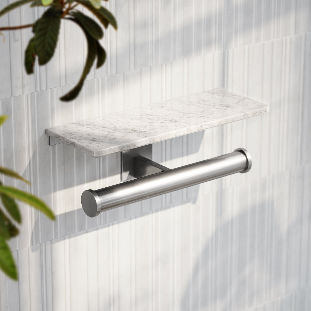 Deka Brushed Stainless Double Toilet Roll Holder with Shelf
