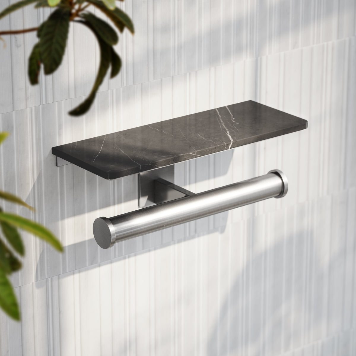 Deka Brushed Stainless Double Toilet Roll Holder with Shelf