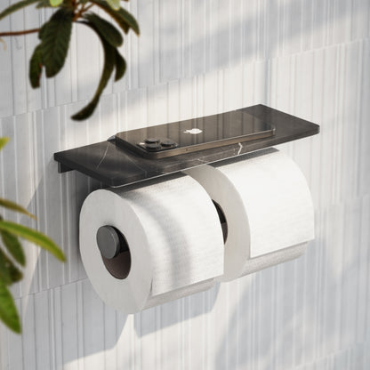 Deka Brushed Stainless Double Toilet Roll Holder with Pietra Grey Marble Shelf