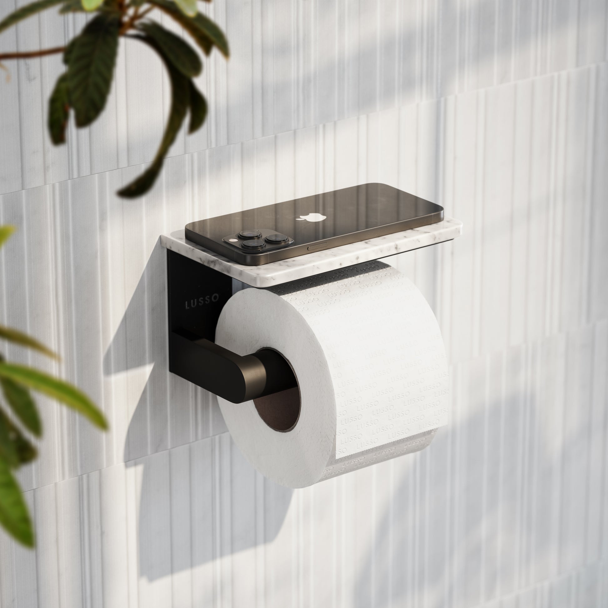 Deka Matte Black Toilet Roll Holder with Carrara Marble Shelf