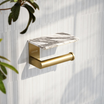 Deka Brushed Gold Toilet Roll Holder with Shelf