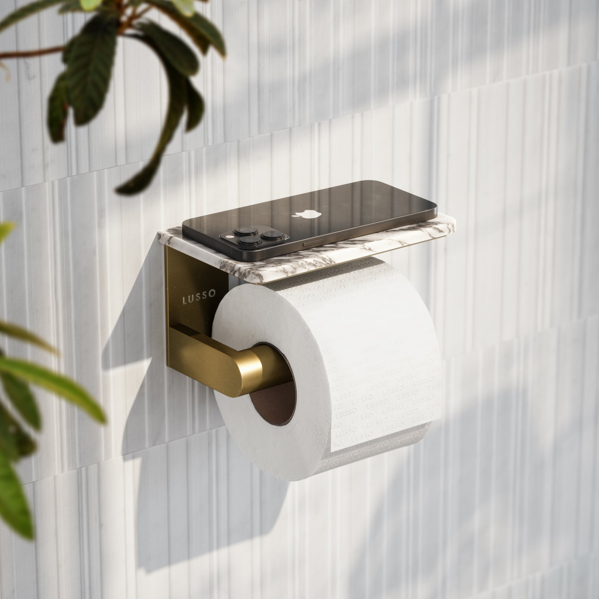 Deka Brushed Gold Toilet Roll Holder with Arabescato Marble Shelf