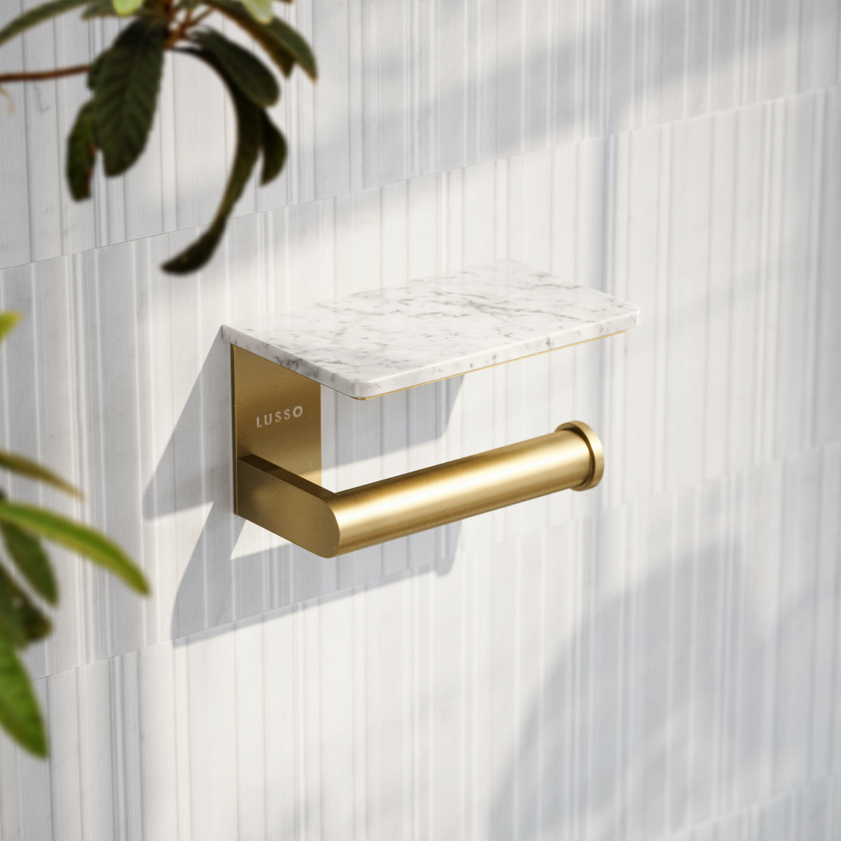 Deka Brushed Gold Toilet Roll Holder with Shelf