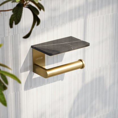 Deka Brushed Gold Toilet Roll Holder with Shelf