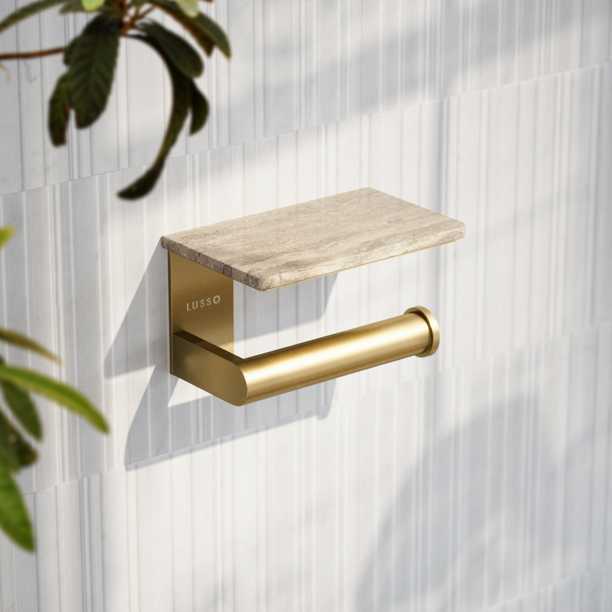Deka Brushed Gold Toilet Roll Holder with Shelf