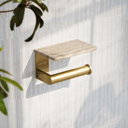 Deka Brushed Gold Toilet Roll Holder with Shelf