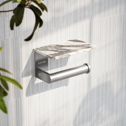Deka Brushed Stainless Toilet Roll Holder with Shelf
