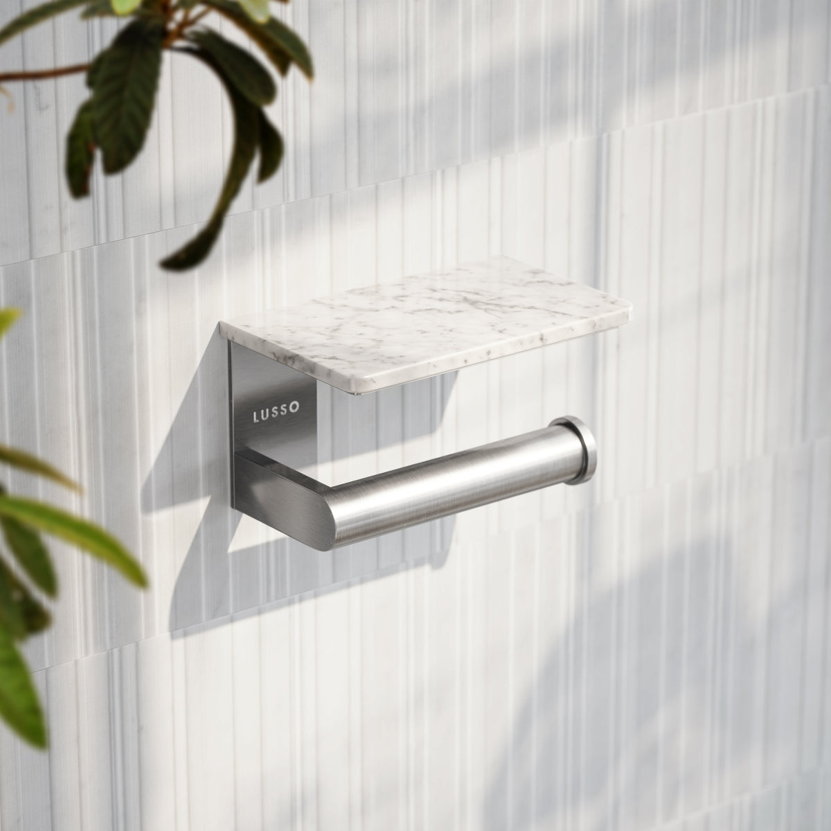 Deka Brushed Stainless Toilet Roll Holder with Shelf