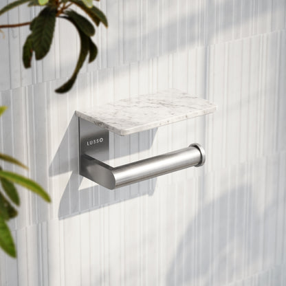 Deka Brushed Stainless Toilet Roll Holder with Shelf
