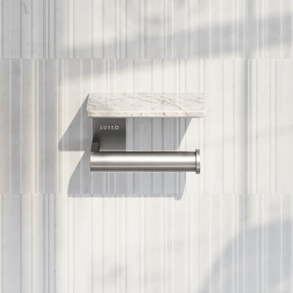 Deka Brushed Stainless Toilet Roll Holder with Carrara Marble Shelf