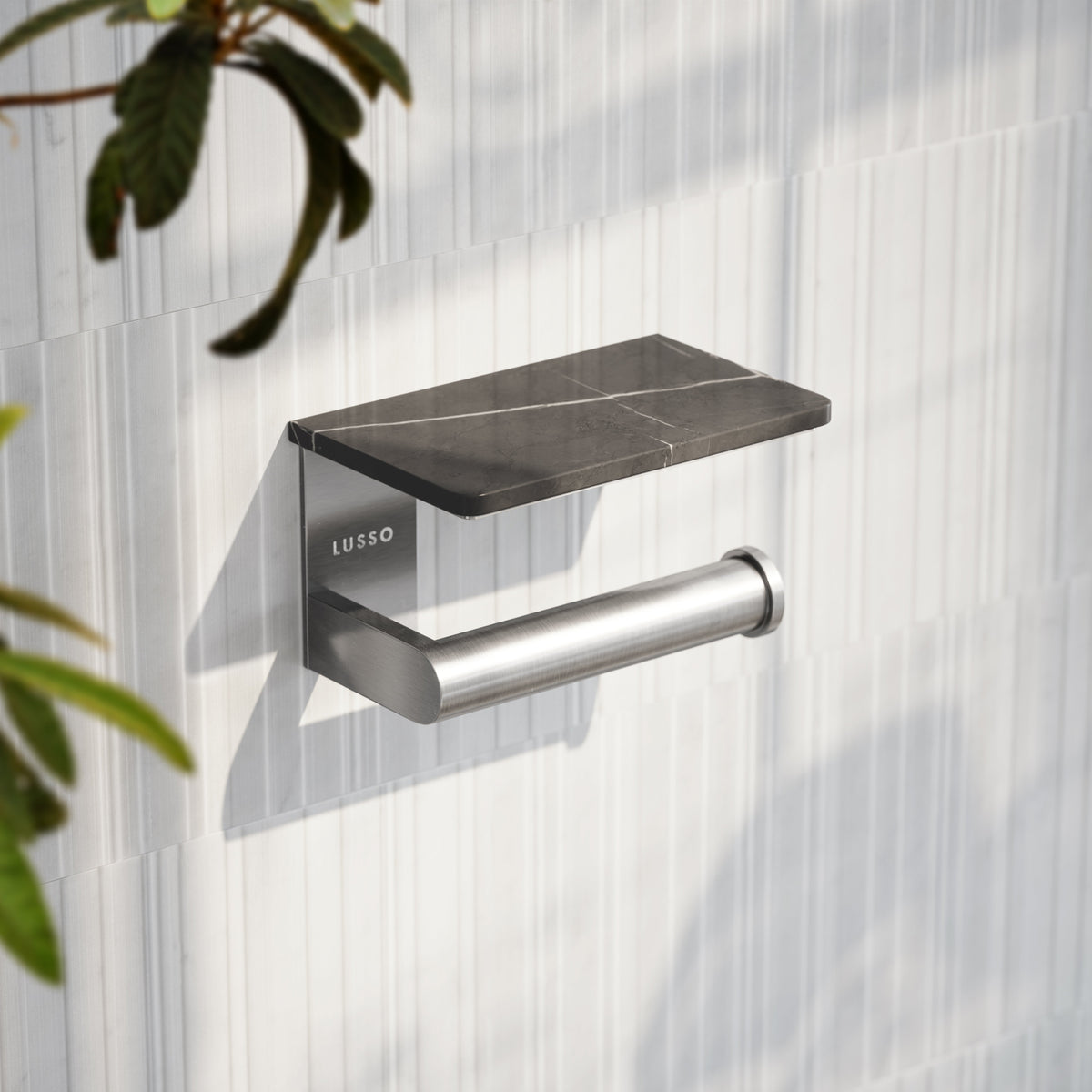 Deka Brushed Stainless Toilet Roll Holder with Shelf