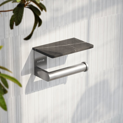 Deka Brushed Stainless Toilet Roll Holder with Shelf