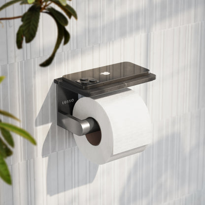 Deka Brushed Stainless Toilet Roll Holder with Pietra Grey Marble Shelf