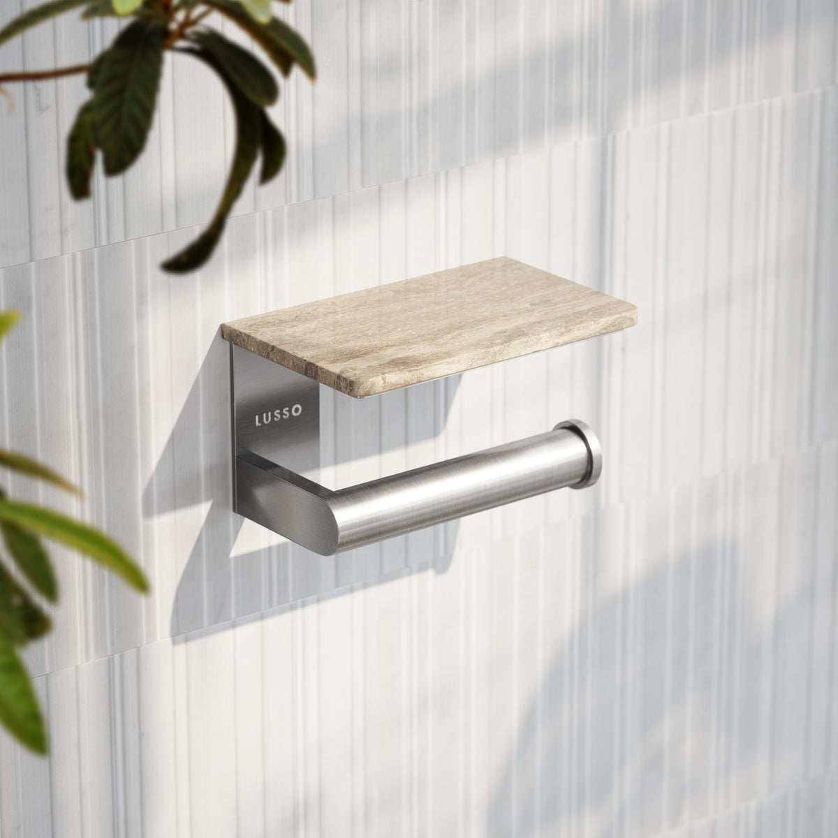 Deka Brushed Stainless Toilet Roll Holder with Shelf