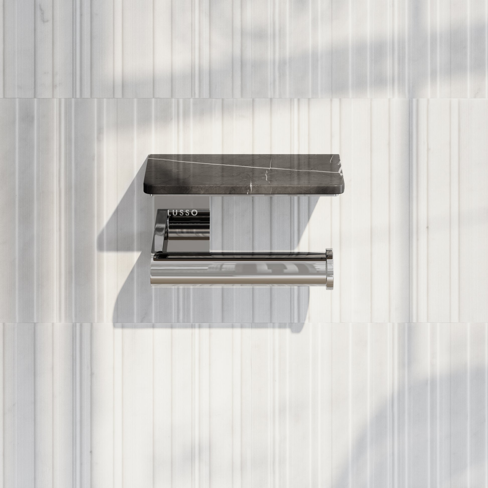 Deka Chrome Toilet Roll Holder with Pietra Grey Marble Shelf