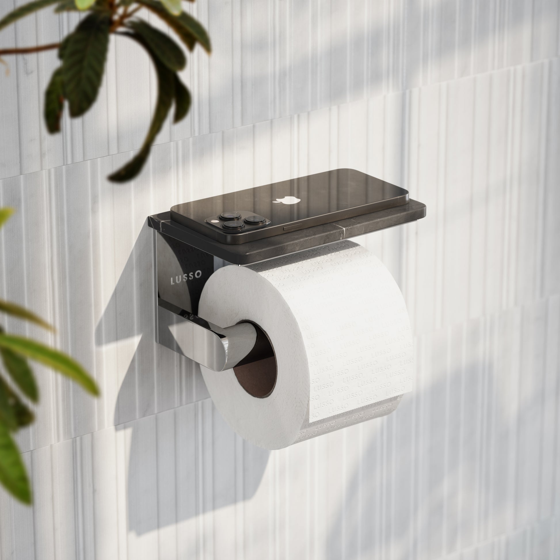 Deka Chrome Toilet Roll Holder with Pietra Grey Marble Shelf