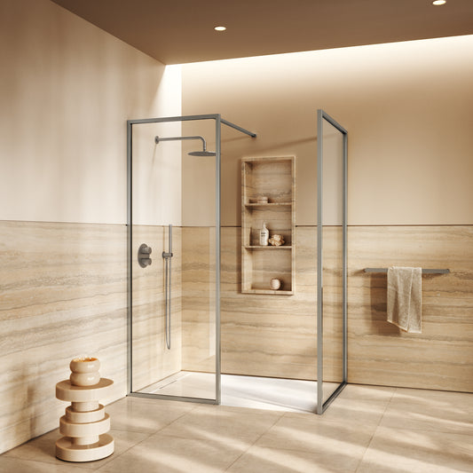 Designo Brushed Stainless Complete Walk In Shower Enclosure - KIT B - All Sizes