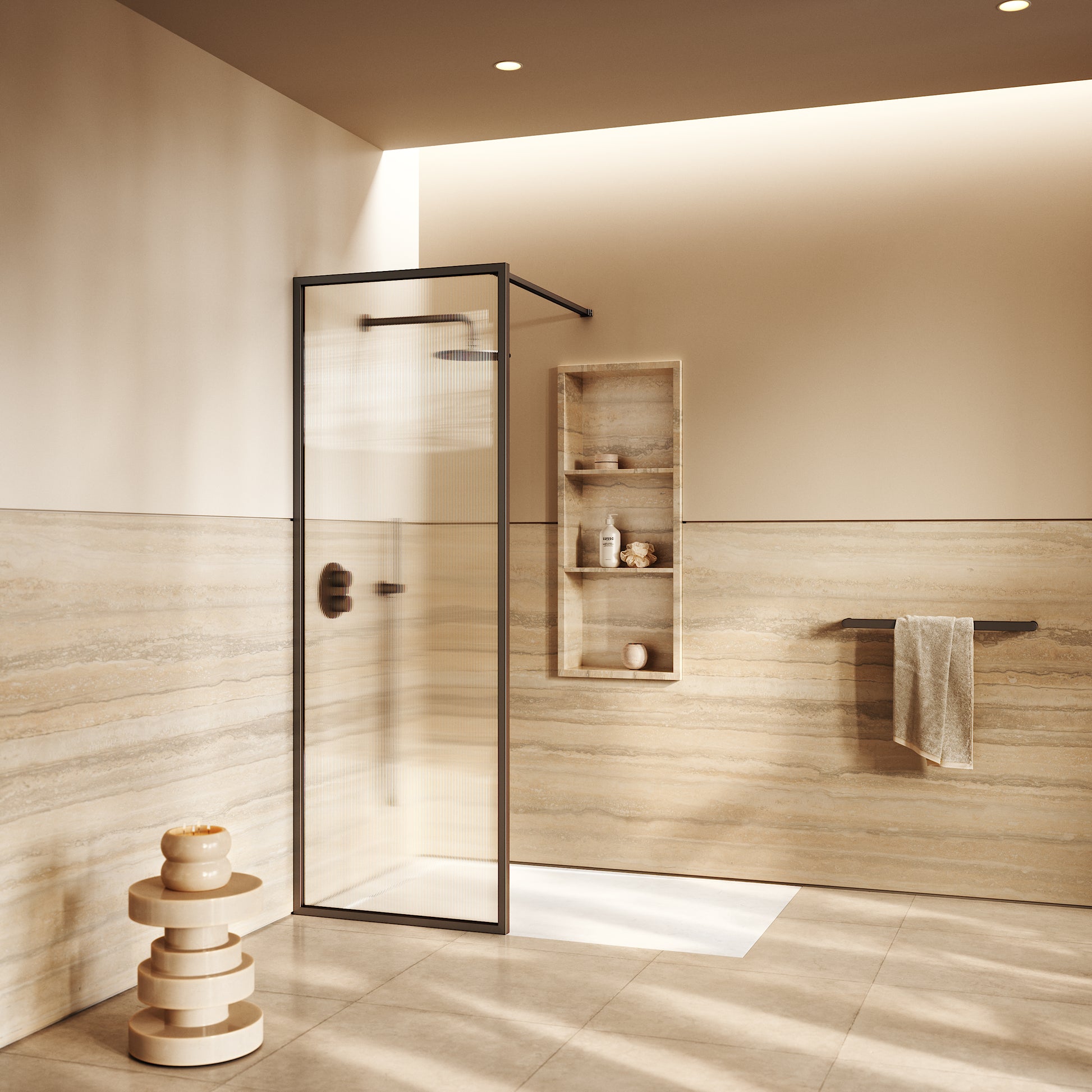 Opulence Fluted Glass Complete Walk In Shower Enclosure Deep Bronze - Kit A