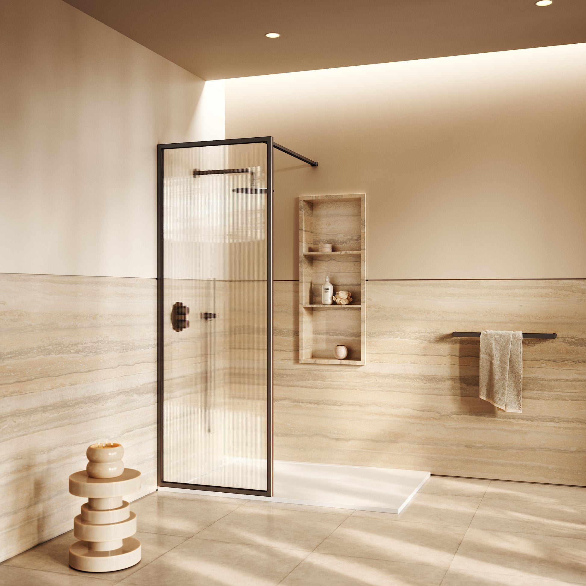 Opulence Fluted Glass Complete Walk In Shower Enclosure Deep Bronze - Kit A