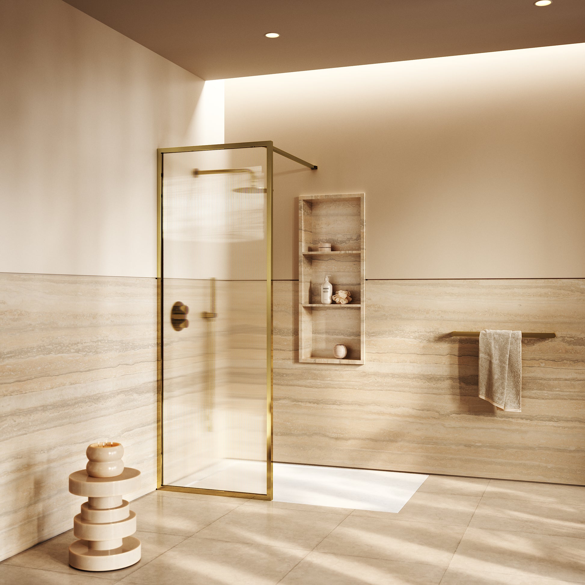 Opulence Fluted Glass Complete Walk In Shower Enclosure Polished Brass - Kit A