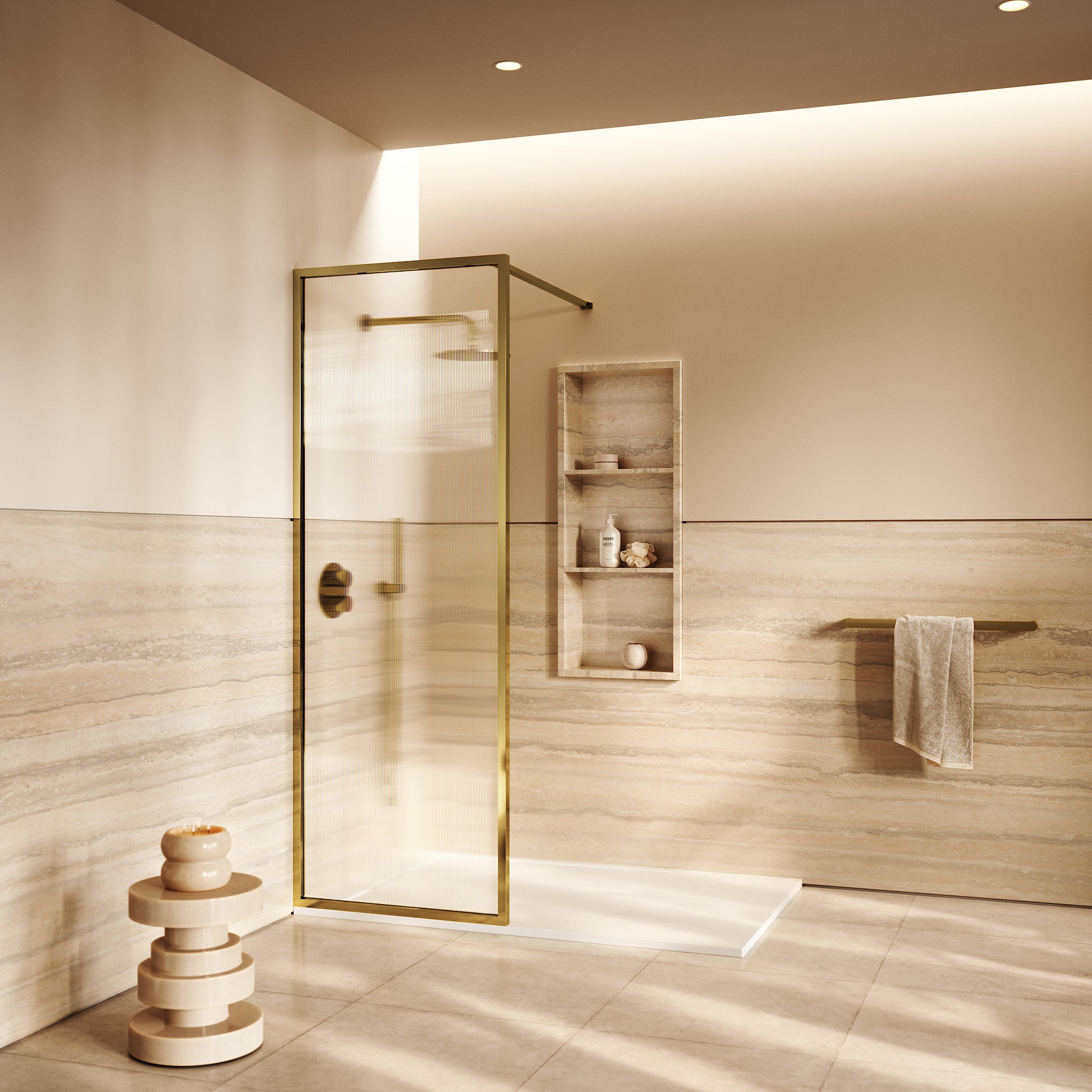 Opulence Fluted Glass Complete Walk In Shower Enclosure Polished Brass - Kit A