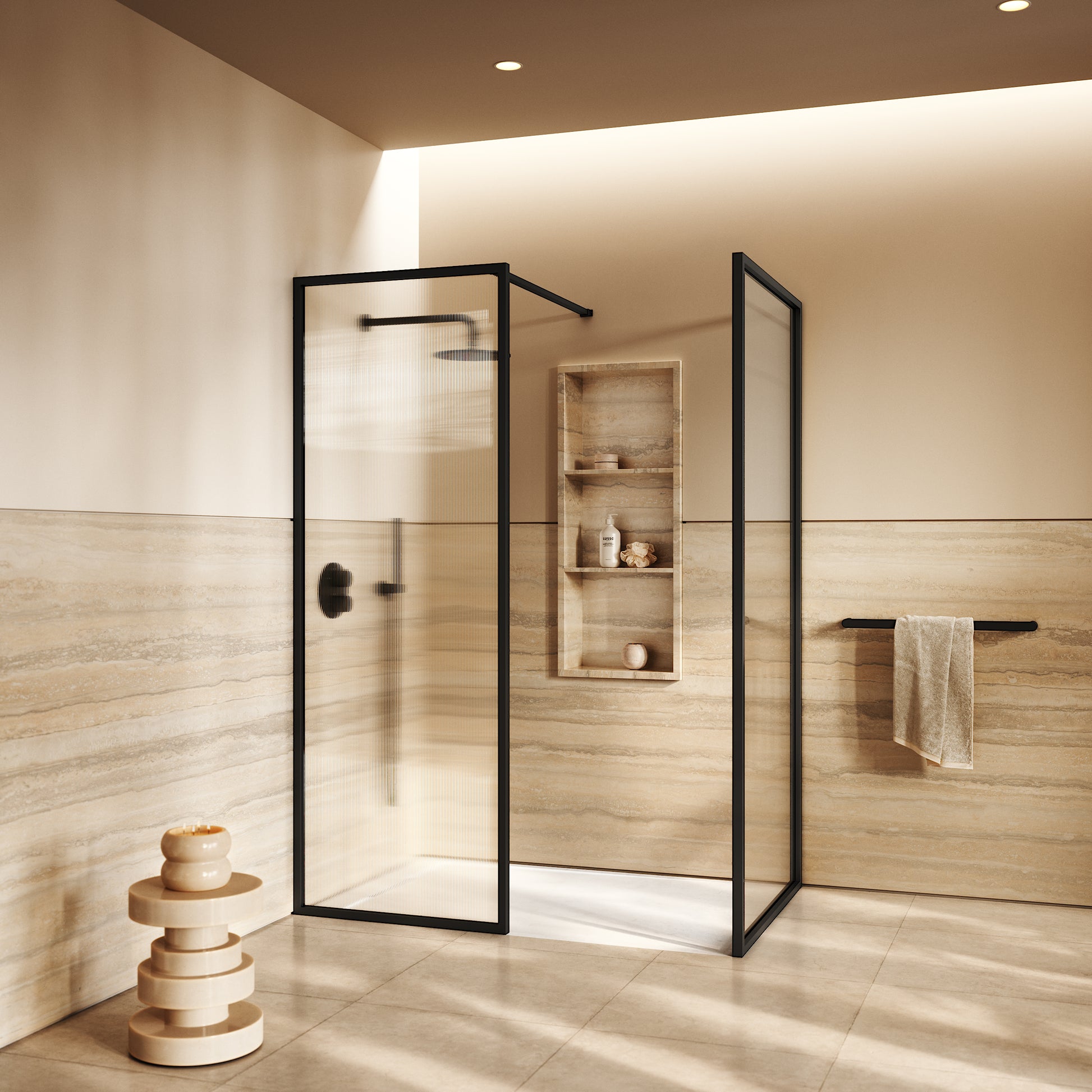 Opulence Fluted Glass Complete Walk In Shower Enclosure Matte Black - Kit B