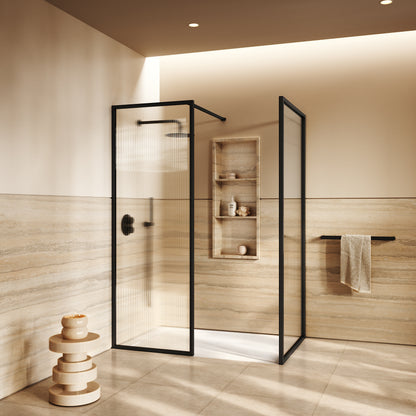 Opulence Fluted Glass Complete Walk In Shower Enclosure Matte Black - Kit B